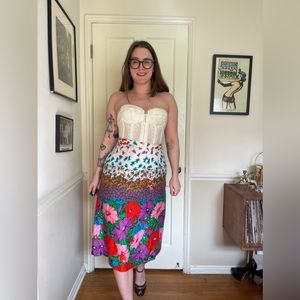 70s Vintage Floral Midi A Line Skirt